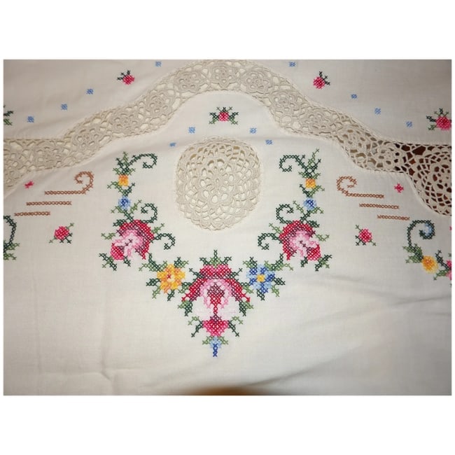 Vintage Cream Crocheted, Embroidery, Cross Stitch, Handmade Linen Table Cloth - 3