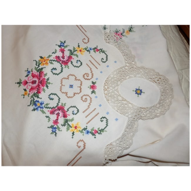 Vintage Cream Crocheted, Embroidery, Cross Stitch, Handmade Linen Table Cloth - 5