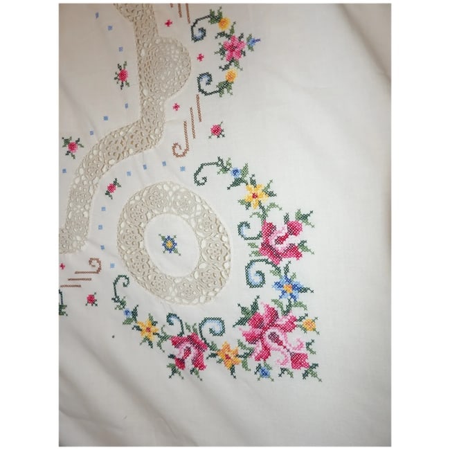 Vintage Cream Crocheted, Embroidery, Cross Stitch, Handmade Linen Table Cloth - 7