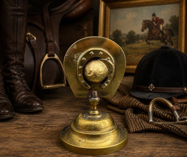 Vintage Brass Horseshoe Business Card Holder Equestrian Desk Accessory Good Luck Motif: Date/Period: unknown Dimension: Approx. 4 in. tall Approx. 2.5 in. diameter base Material: brass Additional Information: Charming vintage brass desk accessory featuring a classic horseshoe and riding 