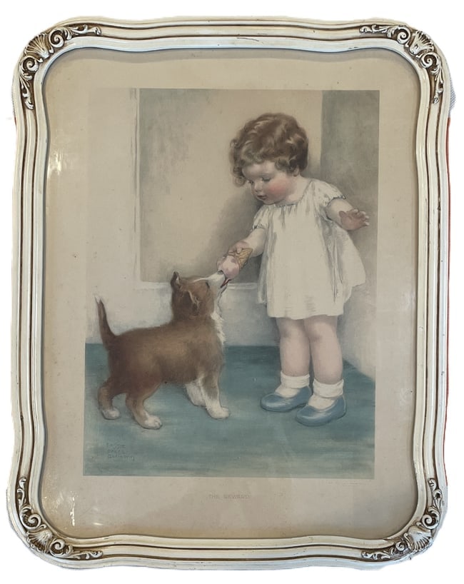 1930's FRAMED BESSIE PEASE GUTMANN PRINT, THE REWARD: Date/Period: Approx. 1930's Dimension: Approx 19.5 x 15 x 1 Material: mixed materials Additional Information: VINTAGE FRAMED BESSIE PEASE GUTMANN PRINT "THE REWARD" Shipping: Domestic: Flat-rate of