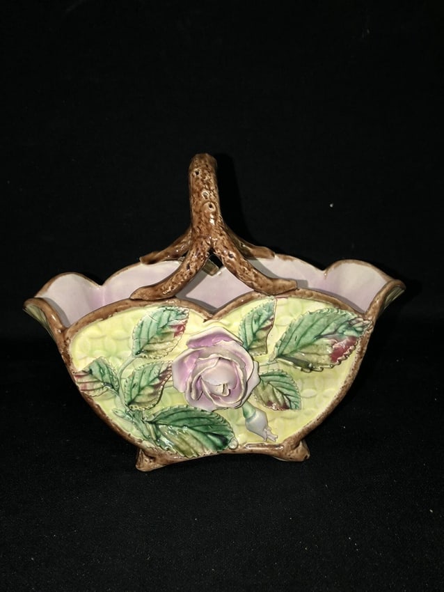 Majolica Basket: It measures 9" x 6 3/4" x 2 3/8" and dates around the 1880's. It has very minor to the applied flowers. Otherwise it has no other issues Shipping: Domestic: Flat-rate of $15.00 to anywhere within the