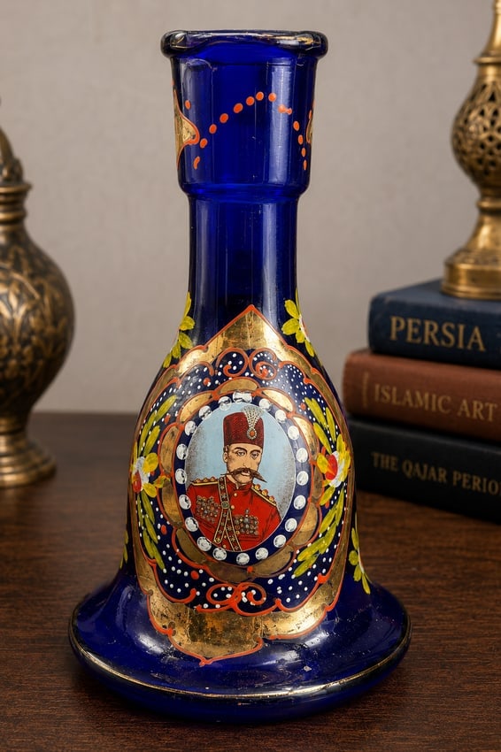 Persian Qajar Style Cobalt Blue Enameled Glass Hookah Base with Naser al-Din Shah Portrait: Date/Period: Approximate age: Mid-20th century, likely circa 1950s-1970s. Dimension: Approx. 10.5" x 6" Material: glass Additional Information: Striking cobalt blue enameled glass hookah base