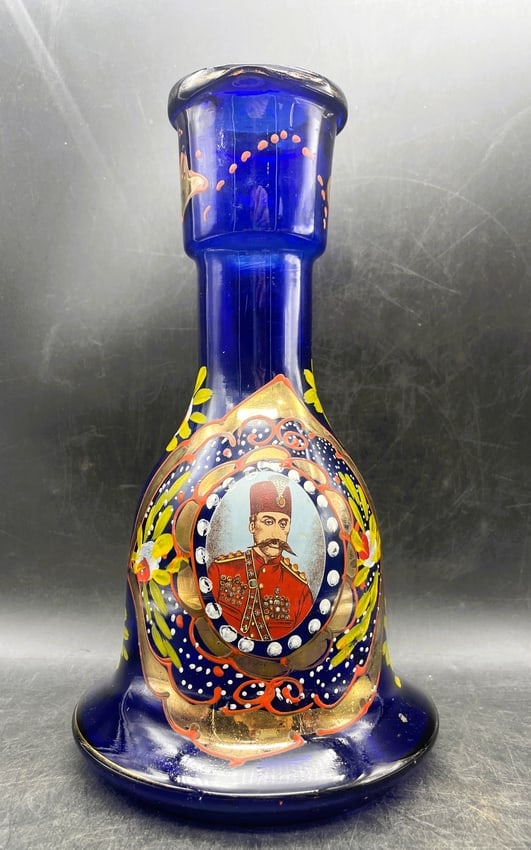 Persian Qajar Style Cobalt Blue Enameled Glass Hookah Base with Naser al-Din Shah Portrait - 2