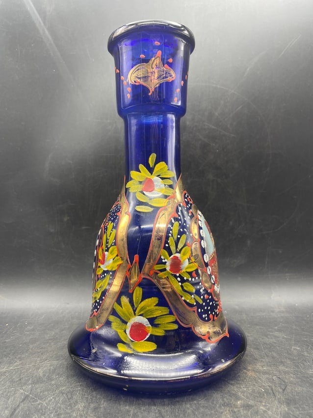 Persian Qajar Style Cobalt Blue Enameled Glass Hookah Base with Naser al-Din Shah Portrait - 3