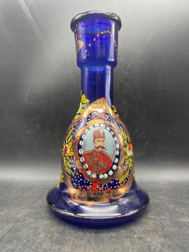 Persian Qajar Style Cobalt Blue Enameled Glass Hookah Base with Naser al-Din Shah Portrait - 4
