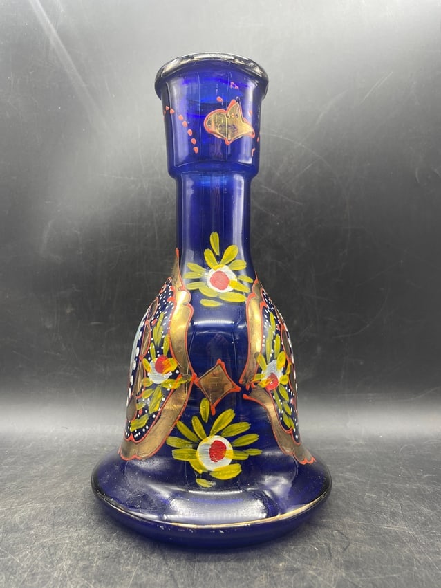 Persian Qajar Style Cobalt Blue Enameled Glass Hookah Base with Naser al-Din Shah Portrait - 5