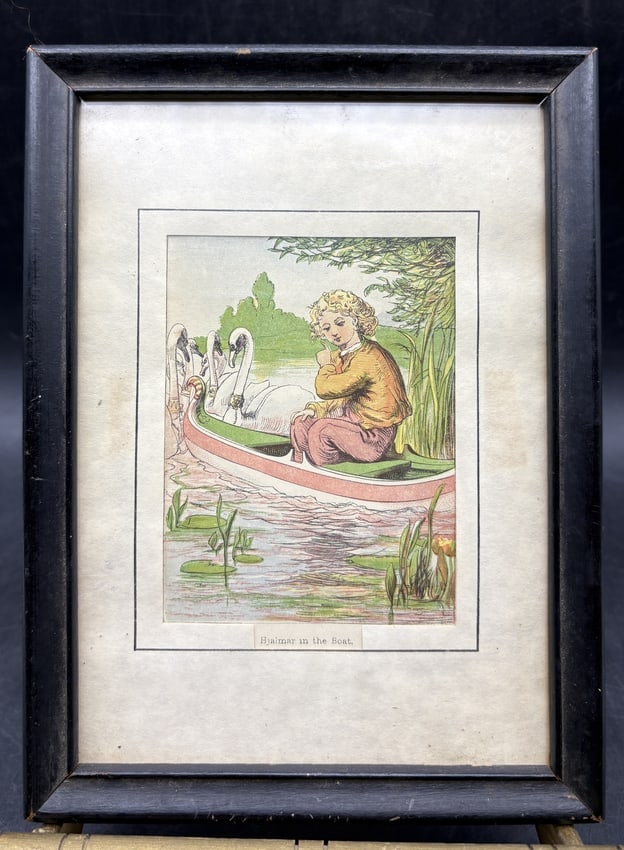Vintage Framed Children's Print "Hjalmar in the Boat" - Storybook Nursery Art with Swans,: Date/Period: UNKNOWN Dimension: Framed size approx: 5.75"w x 7.5" t Material: mixed materials Additional Information: Charming vintage framed print titled "Hjalmar in the Boat." This whimsical