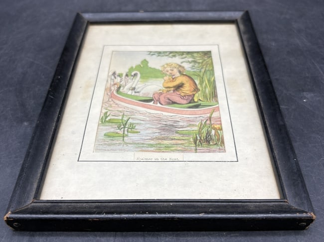 Vintage Framed Children's Print "Hjalmar in the Boat" - Storybook Nursery Art with Swans, - 4