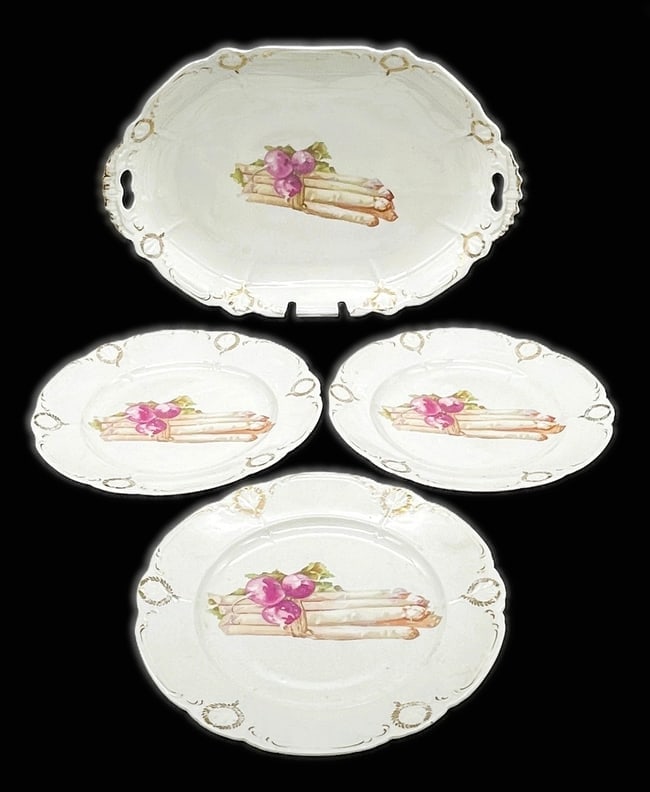 WEIMAR GERMANY SERVING PLATTER and PLATES ASPARAGUS: Date/Period: UNKNOWN Dimension: APPROX 14.25 X 9.25 Plates 9" diameter Material: porcelain ceramic Additional Information: RARE WEIMAR GERMANY SERVING PLATTER with 3 Plates ADISHES AND ASPARAGUS