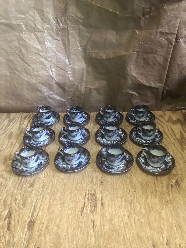 12 Flow Blue Polychrome Corey Hill Demi Cup & Saucer: The saucers measure 4 3/4" and the cups measure 2 7/8" x 2 1/8. They have no chips, cracks or repairs. They have outstanding color Shipping: Domestic: Flat-rate of $20.00 to anywhere within the