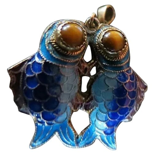 Vintage cloisonne enamel double sided tiger eye fish Pendant: Gorgeous both sides with tiger eye fish eyes and enamel perfect condition excellent quality unusual pendant. Shipping: Domestic: Flat-rate of $5.00 to anywhere within the contiguous U.S.