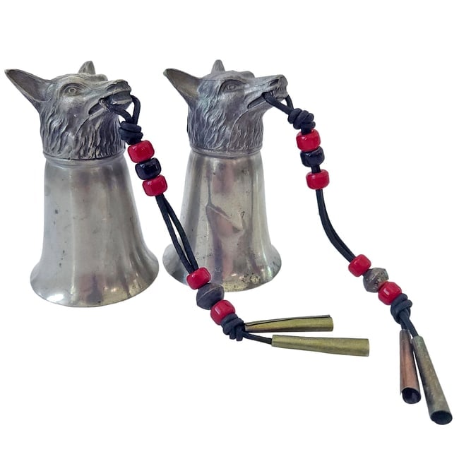 Vintage Pewter Fox Stirrup Cups with Leather Beaded Strap: Vintage Pewter Fox Stirrup Cups with Leather Beaded Strap Condition good with minor staining and one has a dent. Measures 3.5" tall Known as a Head Goblet Equestrian Stirrup Cup, these were offered