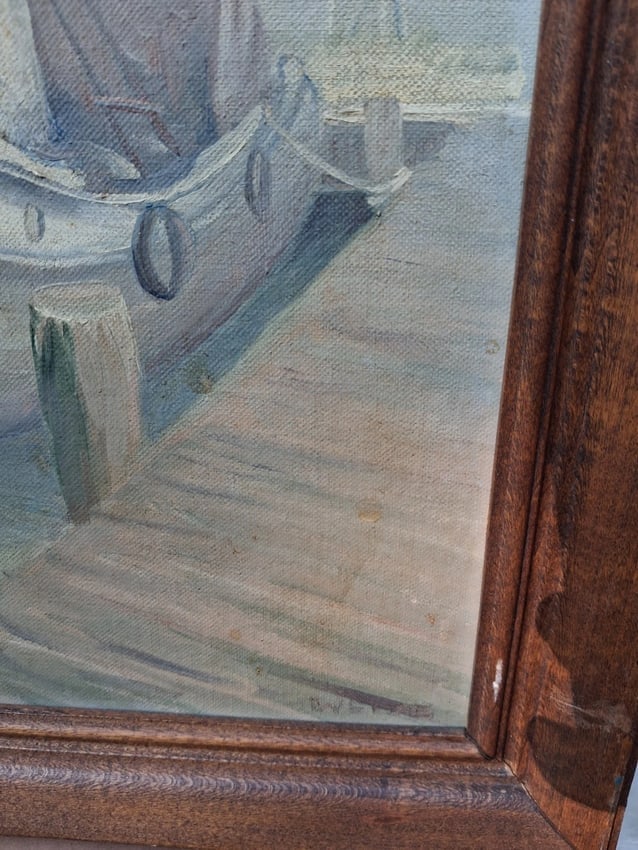oil painting Ships At Harbor Weise Fire Island Long Island W.H. Winter boat - 2