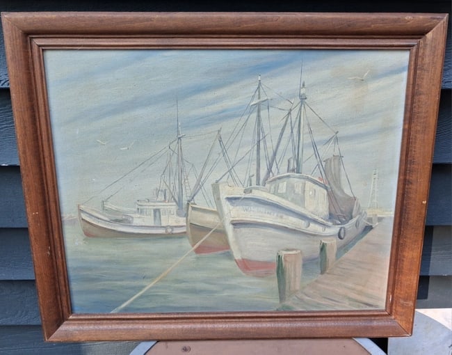 oil painting Ships At Harbor Weise Fire Island Long Island W.H. Winter boat - 4