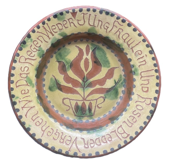 James C Seagreaves JCS Folk Art Tulip Dish Bowl Redware: Date/Period: unknown Dimension: 8"D Material: redware Additional Information: James C Seagreaves (JCS) Folk Art Tulip Dish Bowl Redware Shipping: Domestic: Flat-rate of $12.00 to anywhere within the c