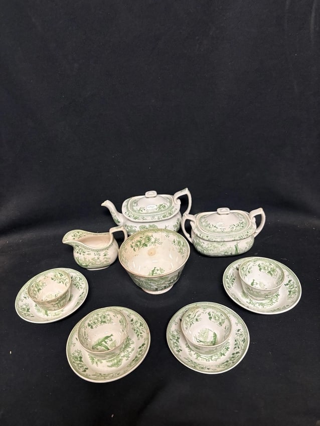 12pc Green Japonica Staffordshire Childs Tea Set: For sale is a 12pc japonica Staffordshire childs teaset. The teapot has very minor chipping on the soout, the sugar bowl lid has a chip on the underside of the finial, the creamer has a 1" x 3/4"