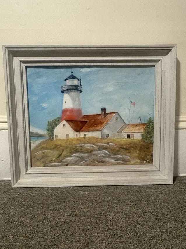 Artist Signed Lighthouse Seascape Oil On Board Painting: The frame measures 24 7/8" x 20 7/8" and the board measures 20" x 16". It is artist signed on the front and is in good condition with no issues Shipping: Domestic: Flat-rate of $50.00 to anywhere with