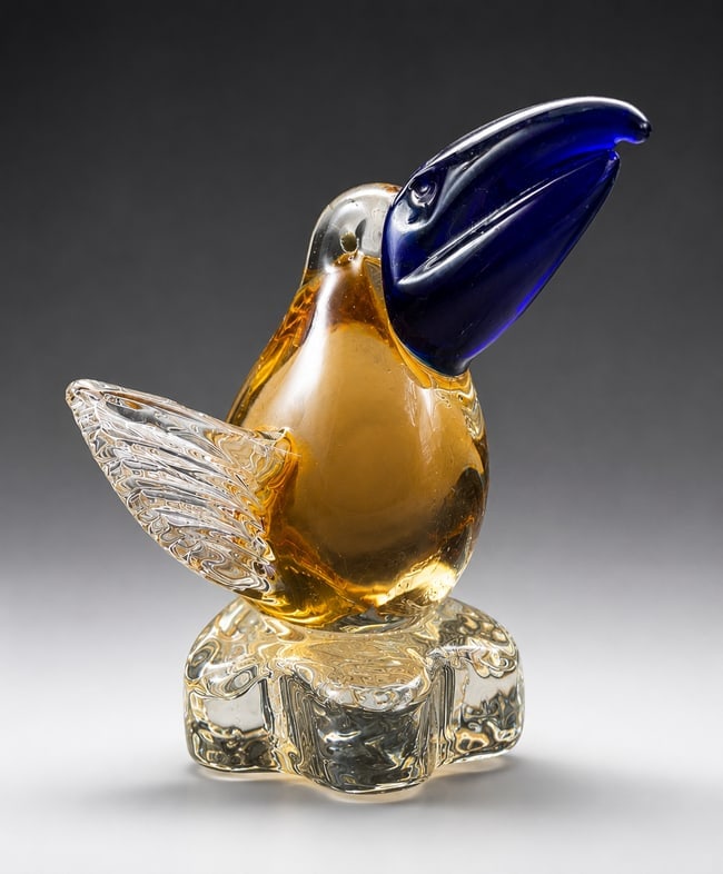 Vintage Art Glass Pelican Bird Figurine Cobalt Blue Beak Amber Clear: Date/Period: unknown Dimension: --- Material: glass Additional Information: Beautiful vintage art glass bird figurine featuring a striking cobalt blue beak paired with a warm amber and clear glass bod