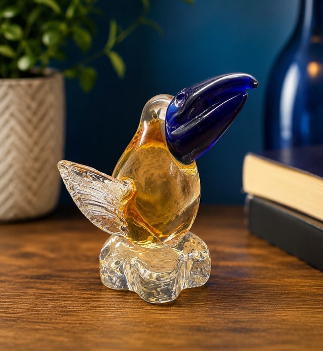 Vintage Art Glass Pelican Bird Figurine Cobalt Blue Beak Amber Clear - 2