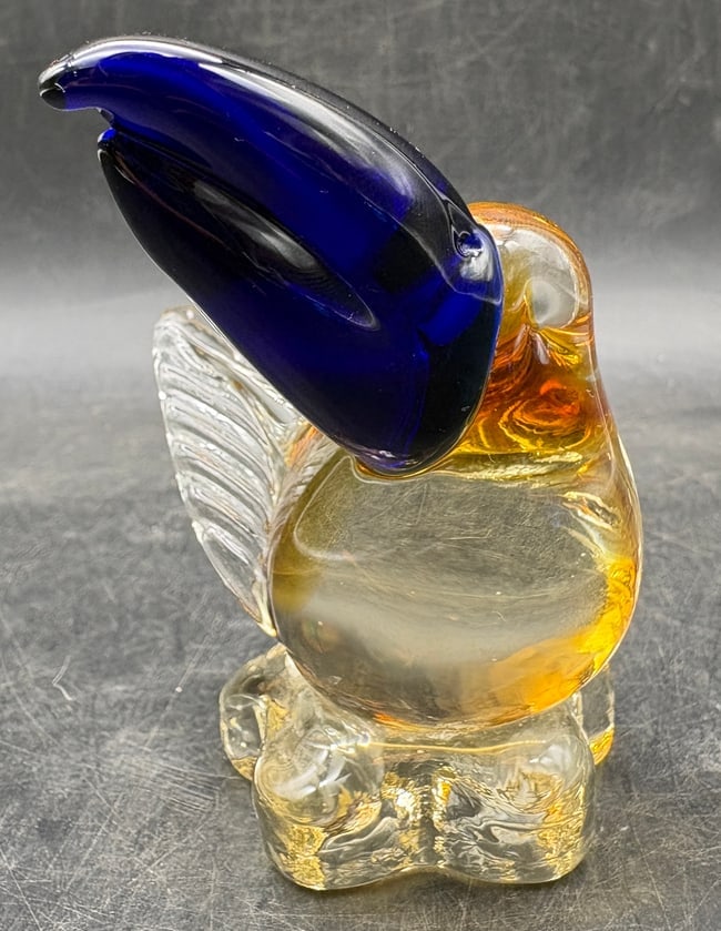 Vintage Art Glass Pelican Bird Figurine Cobalt Blue Beak Amber Clear - 3