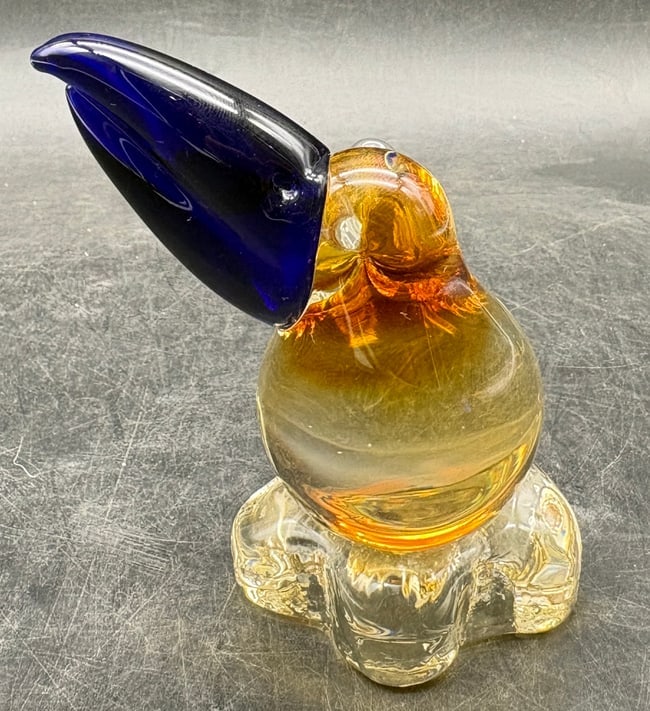Vintage Art Glass Pelican Bird Figurine Cobalt Blue Beak Amber Clear - 4
