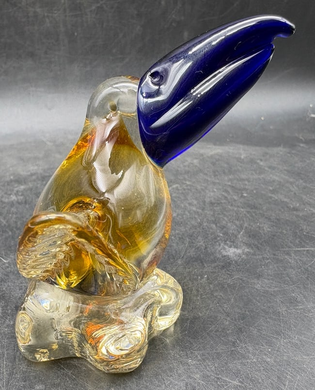 Vintage Art Glass Pelican Bird Figurine Cobalt Blue Beak Amber Clear - 7