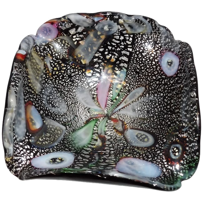 Vintage 1960's Rare Black Amethyst Murano Tutti Frutti Bowl with Multicolored Inside and Silver: This Vintage 1950's Black Amethyst Murano Tutti Frutti Bowl with Multicolored Inside and Silver Flakes is in Excellent Condition! NO chips or flea bites just unique beauty. Made with what looks like b