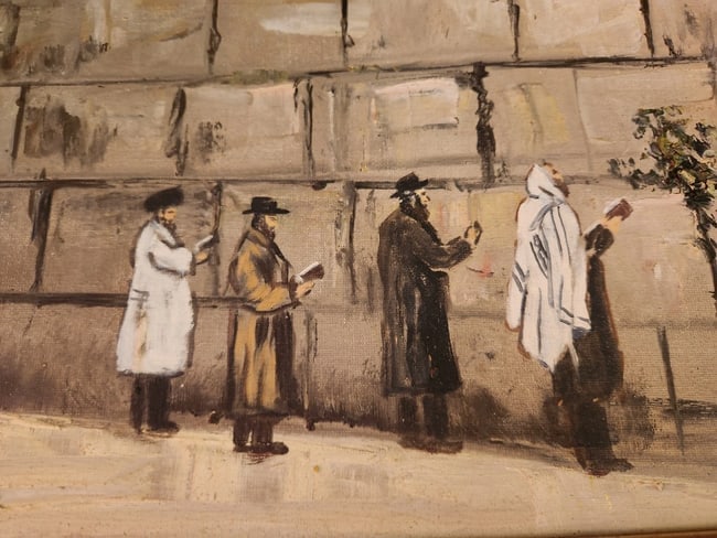 oil painting Worshipers At Wailing Wall Signed Judiaca: Great looking piece in excellent condition. Looks to be from 1950's. Measures 16 x 20" plus frame. Shipping: Domestic: Flat-rate of $60.00 to anywhere within the contiguous U.S. International: Foreign