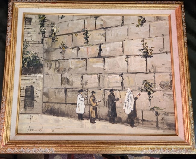 oil painting Worshipers At Wailing Wall Signed Judiaca - 3