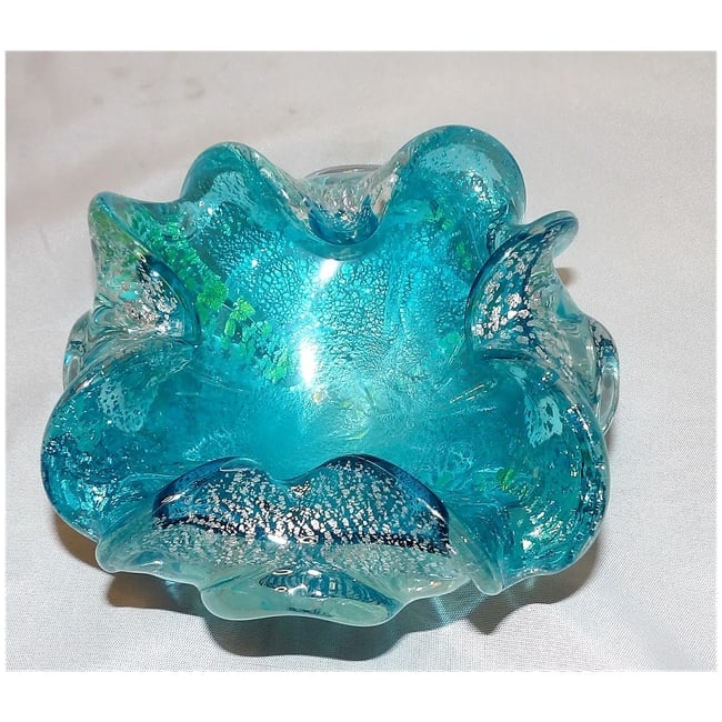 1980's Murano Blue Aventurine Scalloped Art Glass Bowl - 2