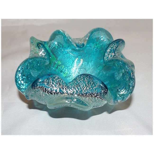 1980's Murano Blue Aventurine Scalloped Art Glass Bowl - 3