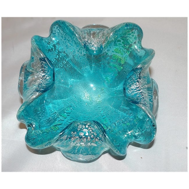 1980's Murano Blue Aventurine Scalloped Art Glass Bowl - 5