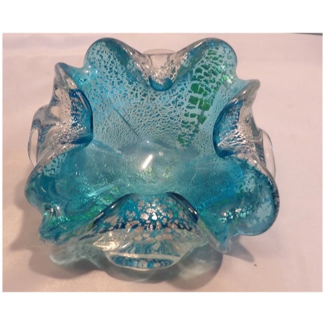 1980's Murano Blue Aventurine Scalloped Art Glass Bowl - 6