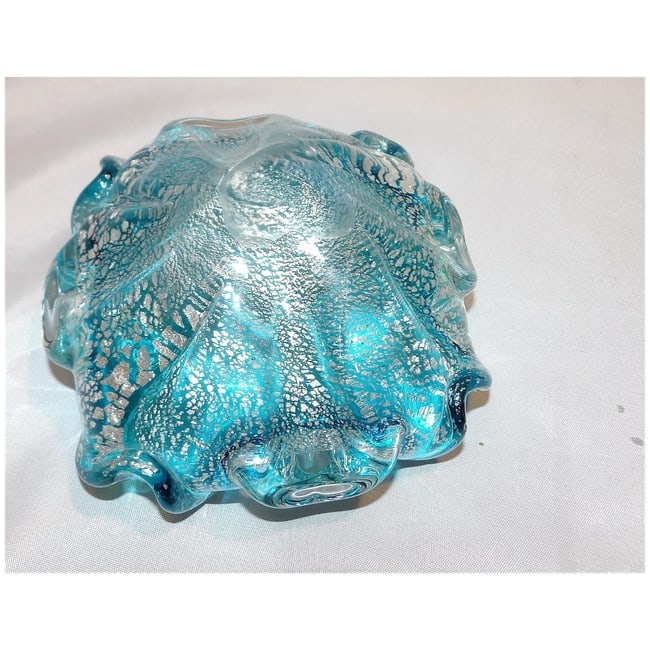 1980's Murano Blue Aventurine Scalloped Art Glass Bowl - 7
