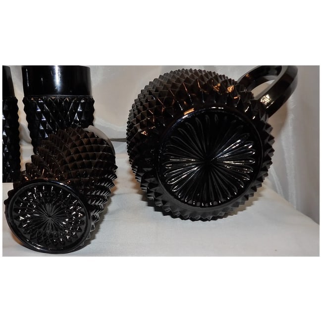 Indiana Glass Tiara Black Diamond Point Tumblers and Cameo Pitcher - 14