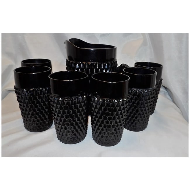 Indiana Glass Tiara Black Diamond Point Tumblers and Cameo Pitcher - 15