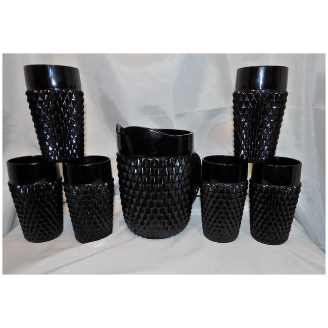 Indiana Glass Tiara Black Diamond Point Tumblers and Cameo Pitcher - 2
