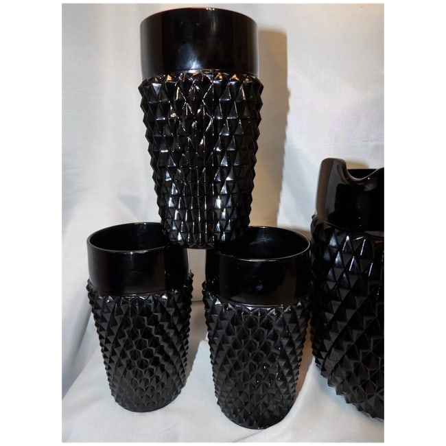 Indiana Glass Tiara Black Diamond Point Tumblers and Cameo Pitcher - 4