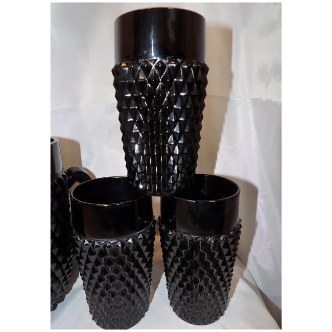 Indiana Glass Tiara Black Diamond Point Tumblers and Cameo Pitcher - 5