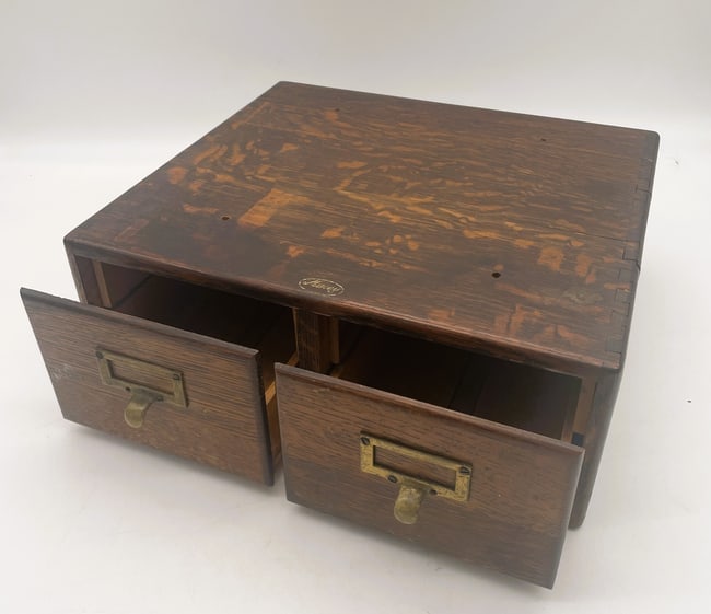 ANTIQUE LARGE MACY OAK 2 DRAWER DOVETAILED FILE BOX: Date/Period: c. Early 20th Century Dimension: approx 15 x 13.5 x 6 Material: wood, metal Additional Information: ANTIQUE LARGE MACY OAK 2 DRAWER DOVETAILED FILE BOX Shipping: Domestic: Flat-rate of $3