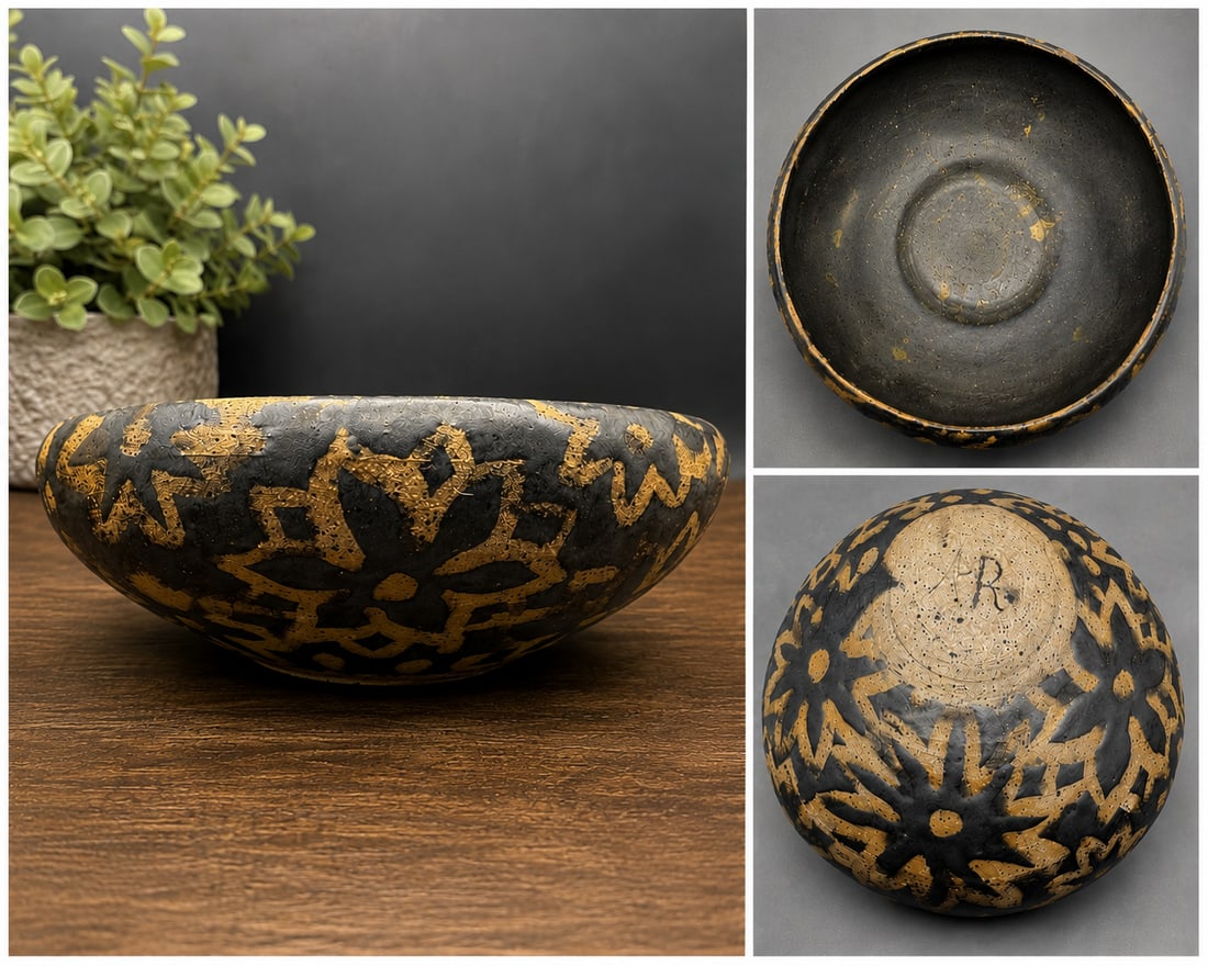Signed A.R. Studio Art Pottery Carved Black Stoneware Decorative Bowl: Date/Period: unknown Dimension: Approx 5" diameter x 2" tall one pound Material: pottery Additional Information: A handsome signed studio pottery bowl featuring a matte black finish with carved floral