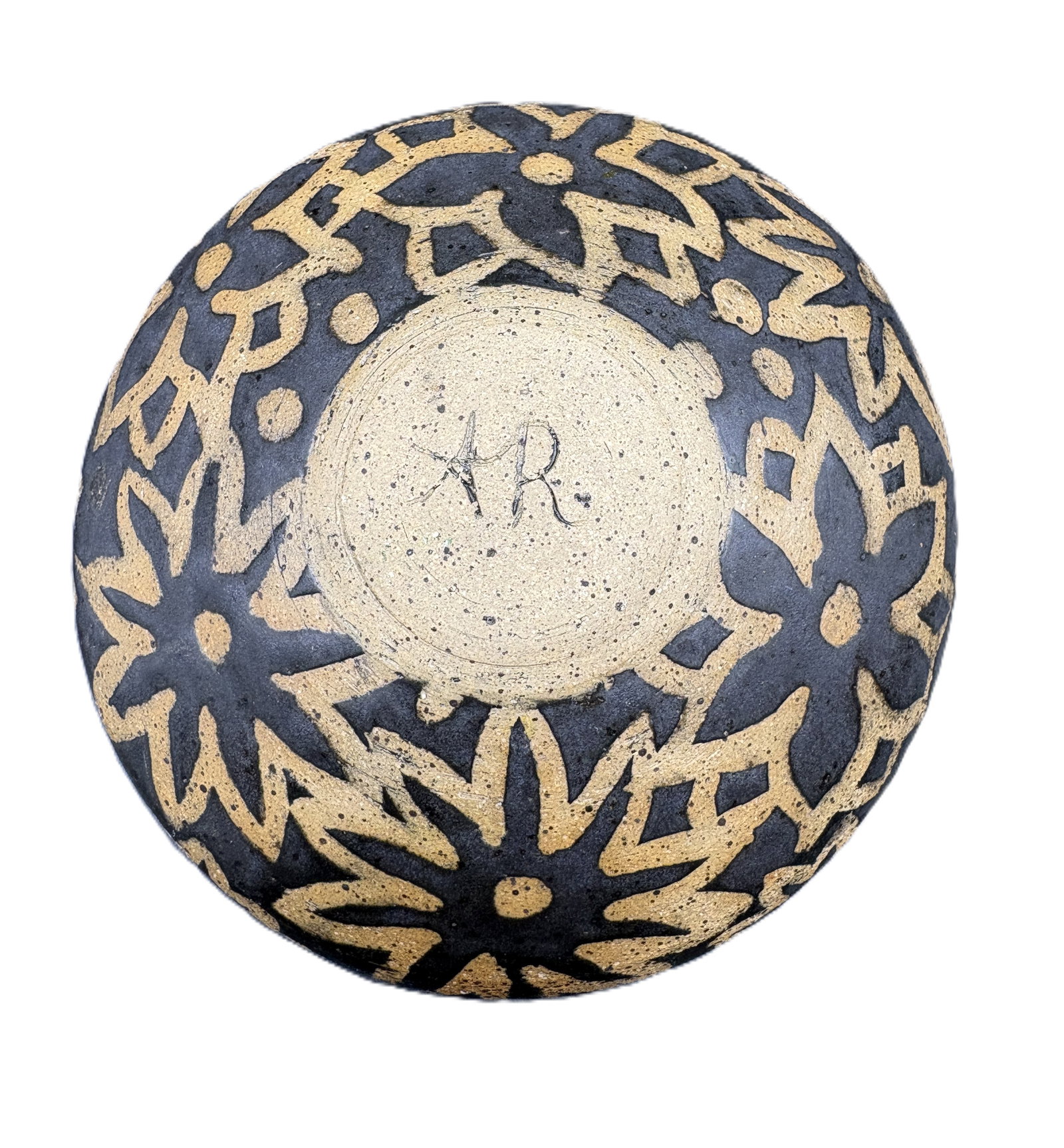 Signed A.R. Studio Art Pottery Carved Black Stoneware Decorative Bowl - 2