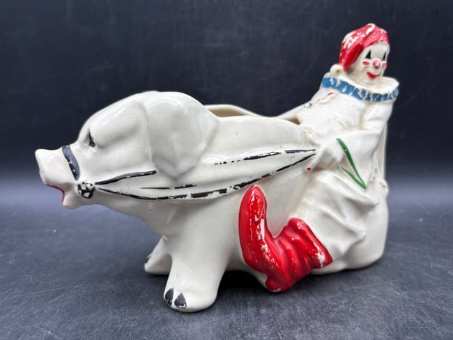McCoy Clown w/ Pig Planter, Original Cold Paint, Vintage 1951: Date/Period: 1951 Dimension: Approx. 6" tall x 8.5" long x 3.5" wide Material: ceramic Additional Information: McCoy Clown w/ Pig Planter, Original Cold Paint, Vintage 1951 Shipping: Domestic:
