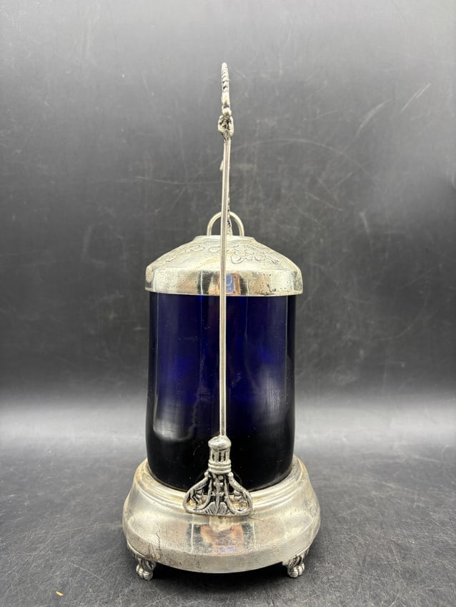 Antique Pickle Castor Cobalt Blue Glass Silverplate Frame w Tongs American c.1900 - 10