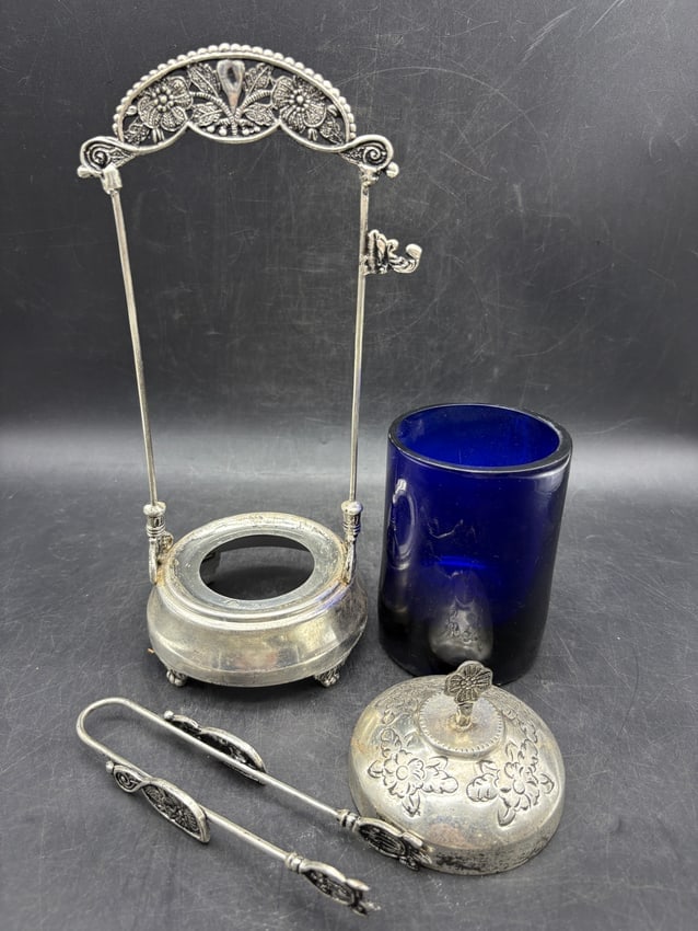 Antique Pickle Castor Cobalt Blue Glass Silverplate Frame w Tongs American c.1900 - 3