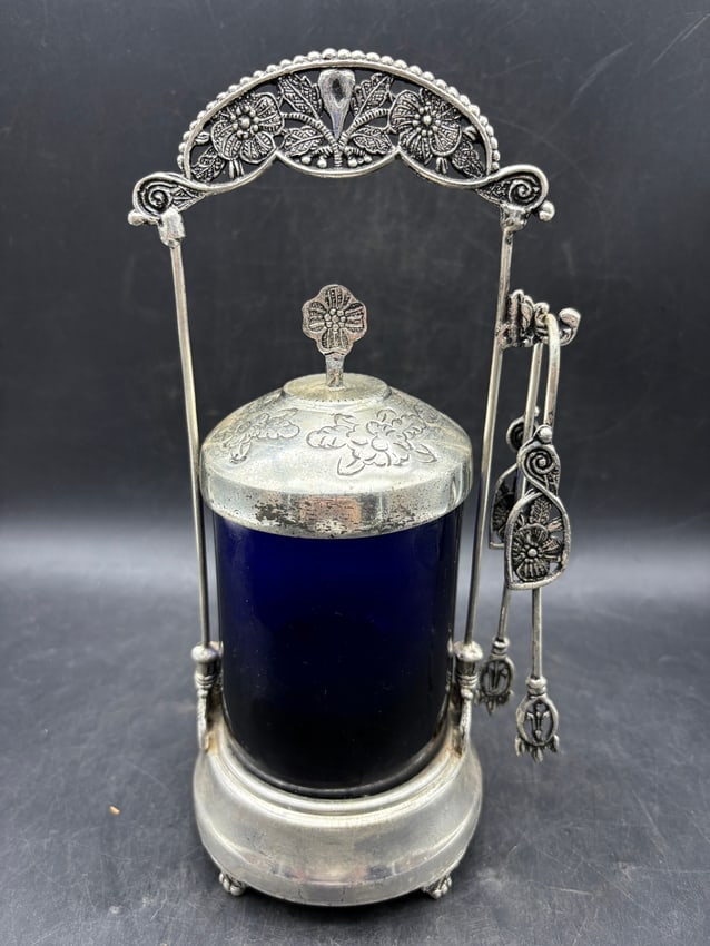 Antique Pickle Castor Cobalt Blue Glass Silverplate Frame w Tongs American c.1900 - 5
