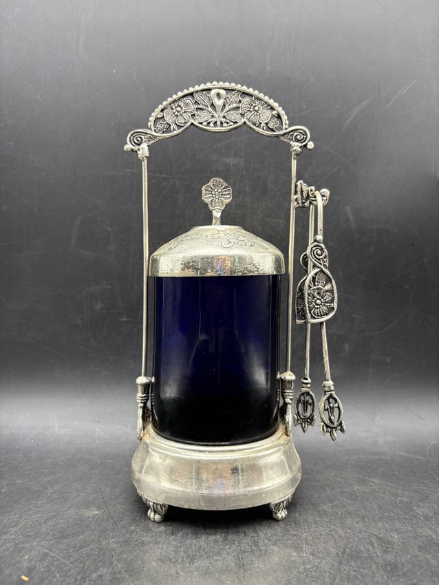 Antique Pickle Castor Cobalt Blue Glass Silverplate Frame w Tongs American c.1900 - 7