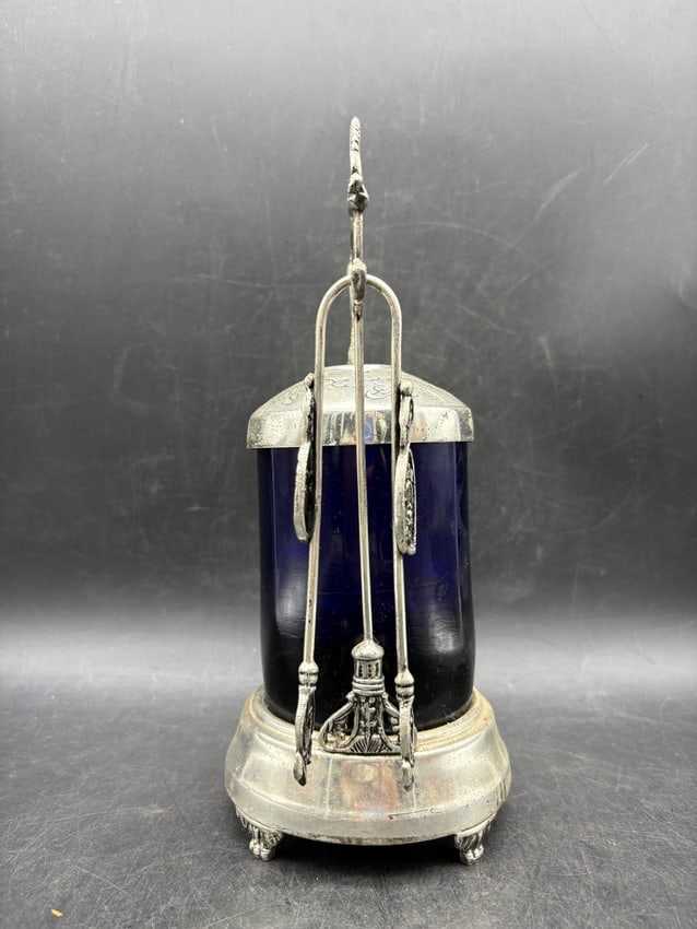 Antique Pickle Castor Cobalt Blue Glass Silverplate Frame w Tongs American c.1900 - 9