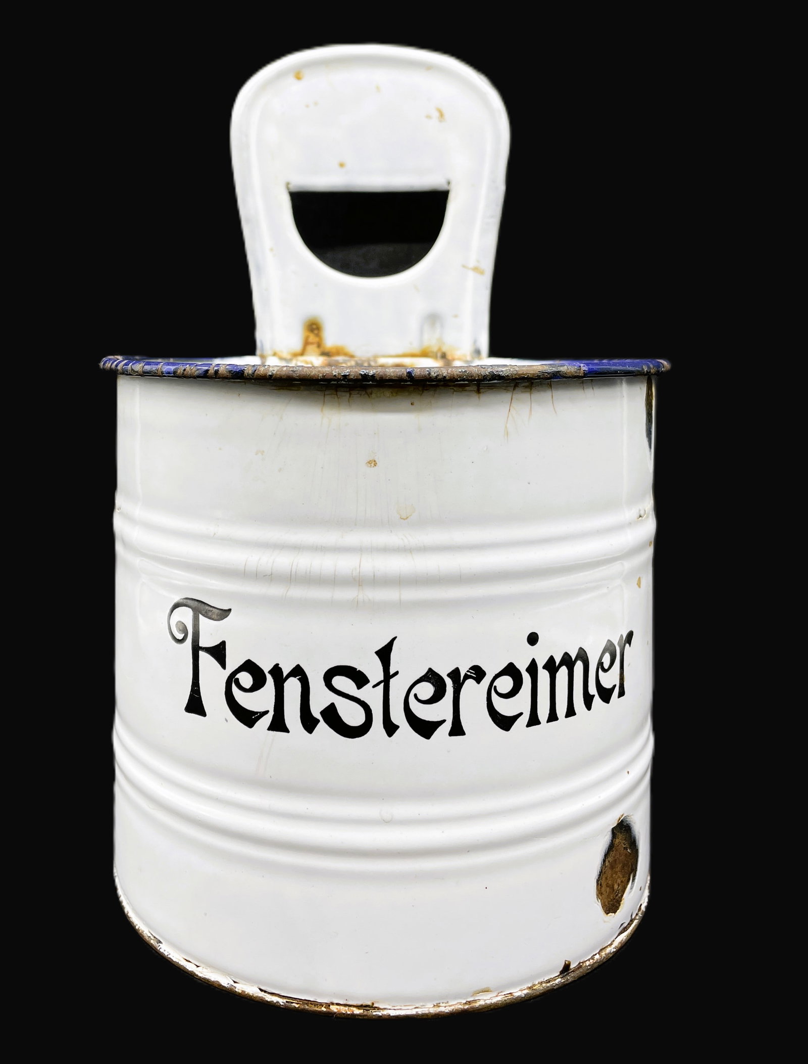 GERMAN SNOW ON MOUNTAIN ENAMEL POT FENSTEREIMER BUCKET White with Black Trim. - 2
